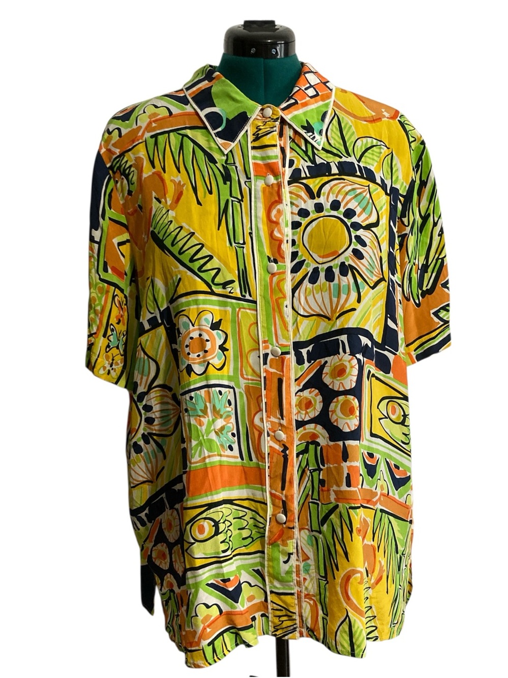 Bob Mackie 100% Silk Novelty Print Short Sleeve Button Down Shirt